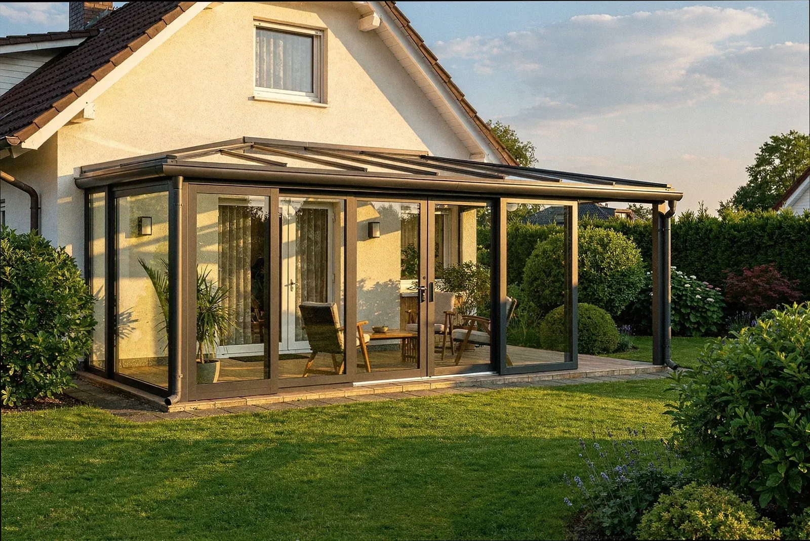 Wohnwintergarten mit großen Glasflächen an einem Haus in Düren